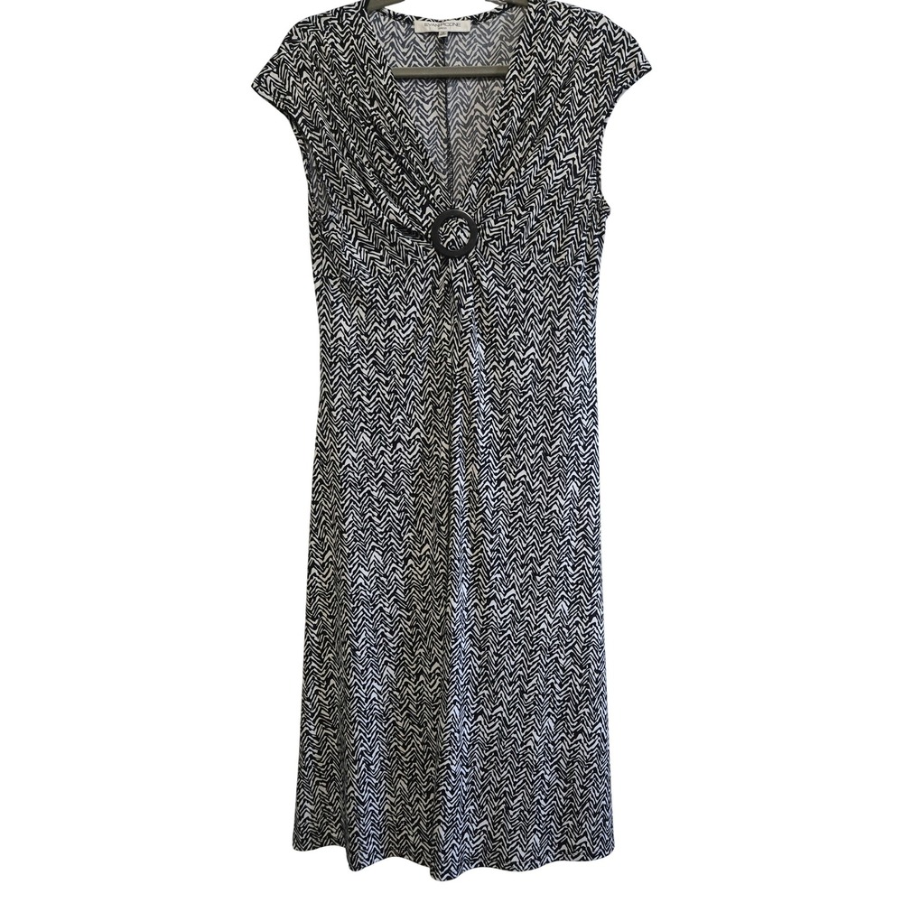 Evan Picone Womens Chic Black White Chevron V-Neck O-Ring Sheath Dress Size 14